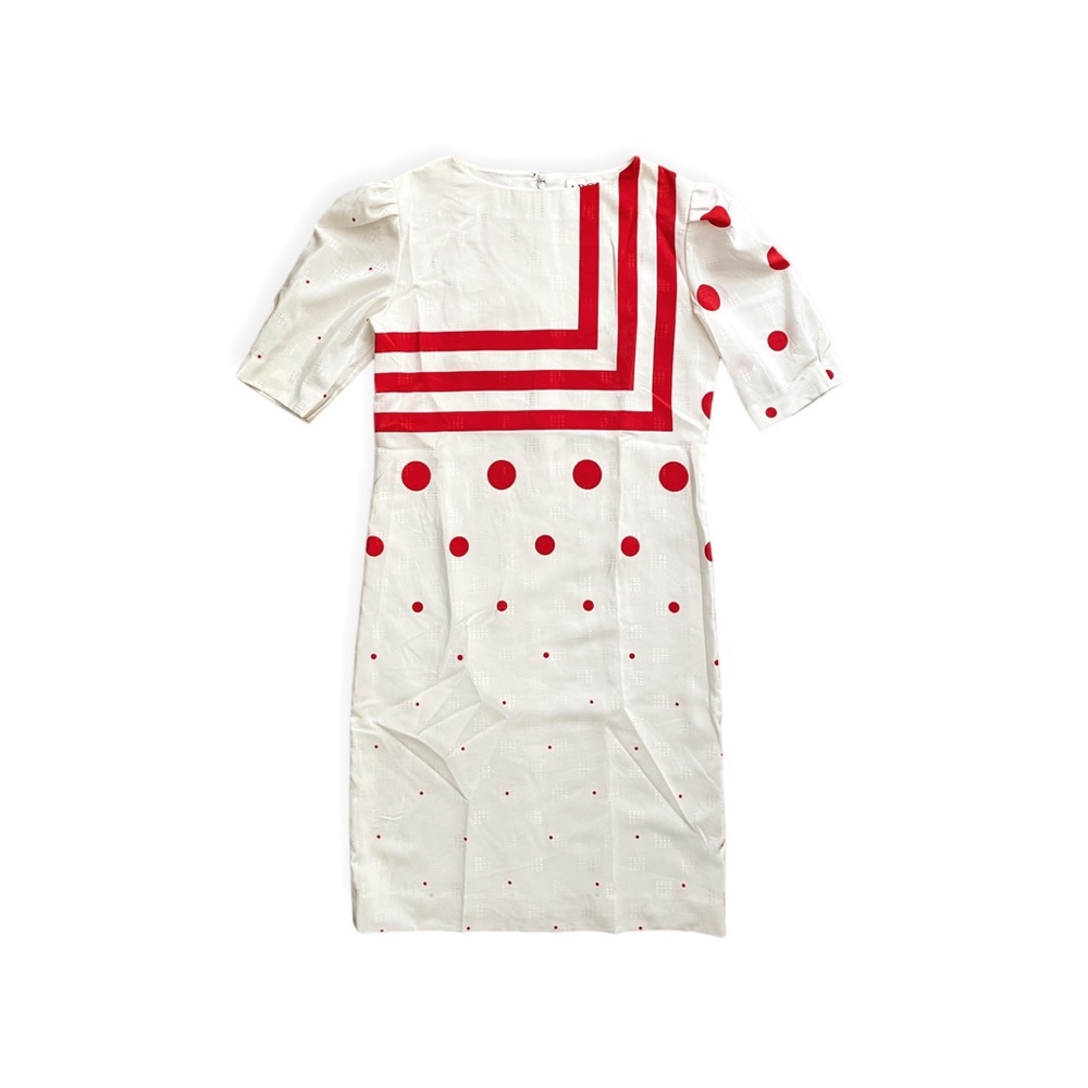 Vintage Adolfo for Saks Fifth Avenue Red/White Geometric Print Shift Dress, Med